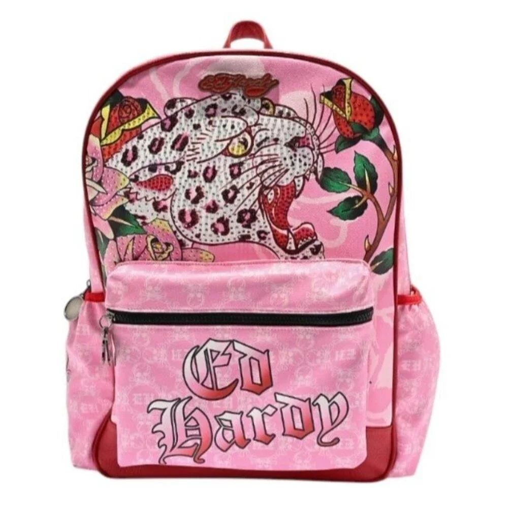 Ed Hardy Pink Faux Leather Leopard Tattoo Print Rhinestone Studded Backpack NEW!